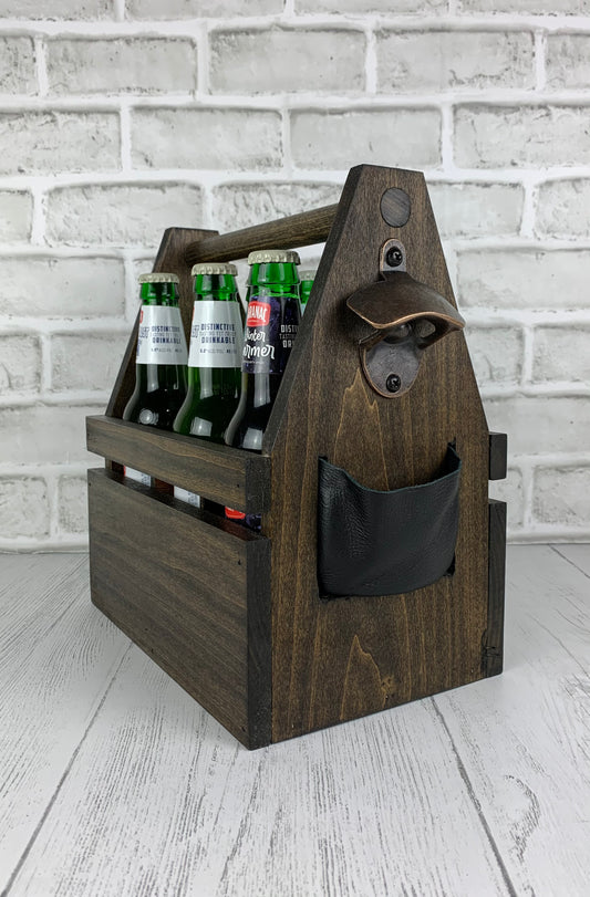 Rustic Wood Beer Caddy with Bottle Opener and Cap Catcher